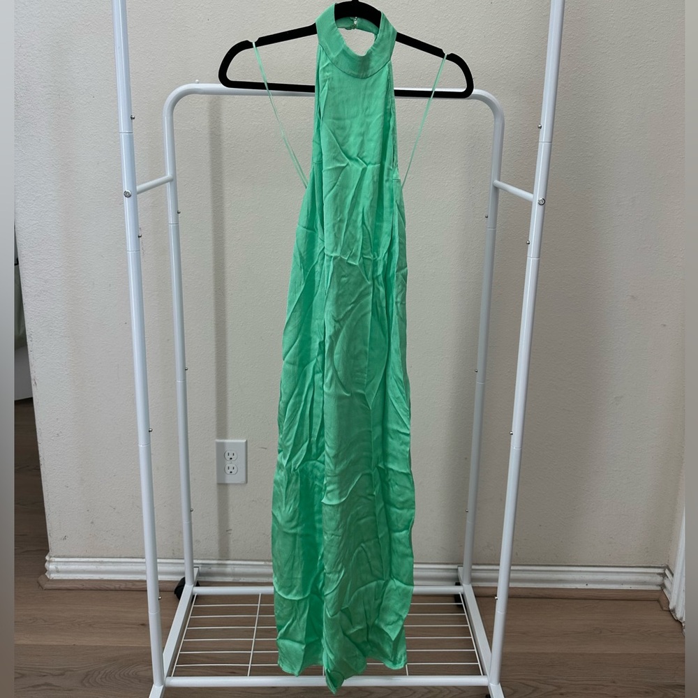 Zara Satin Effect Green Halter Midi Dress Back Cut Out